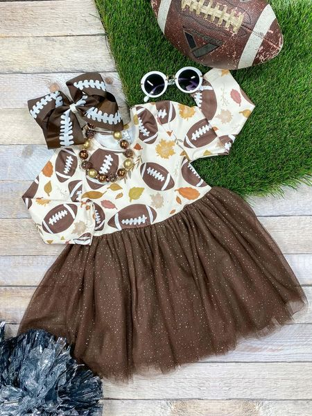 (Custom Design Preorder MOQ 5) Football Leaf Print Girls Fall Knee Length Tulle Dress