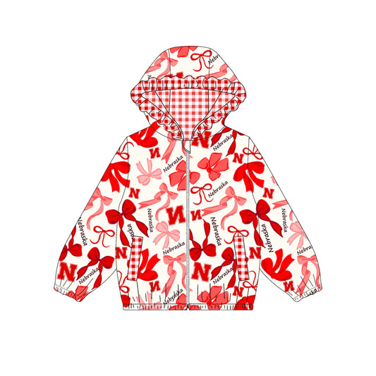 (Custom Design Preorder MOQ 5) Team's NEBRASKA Bows Print Girls Pockets Girls Long Sleeve Zipper Jackets Top