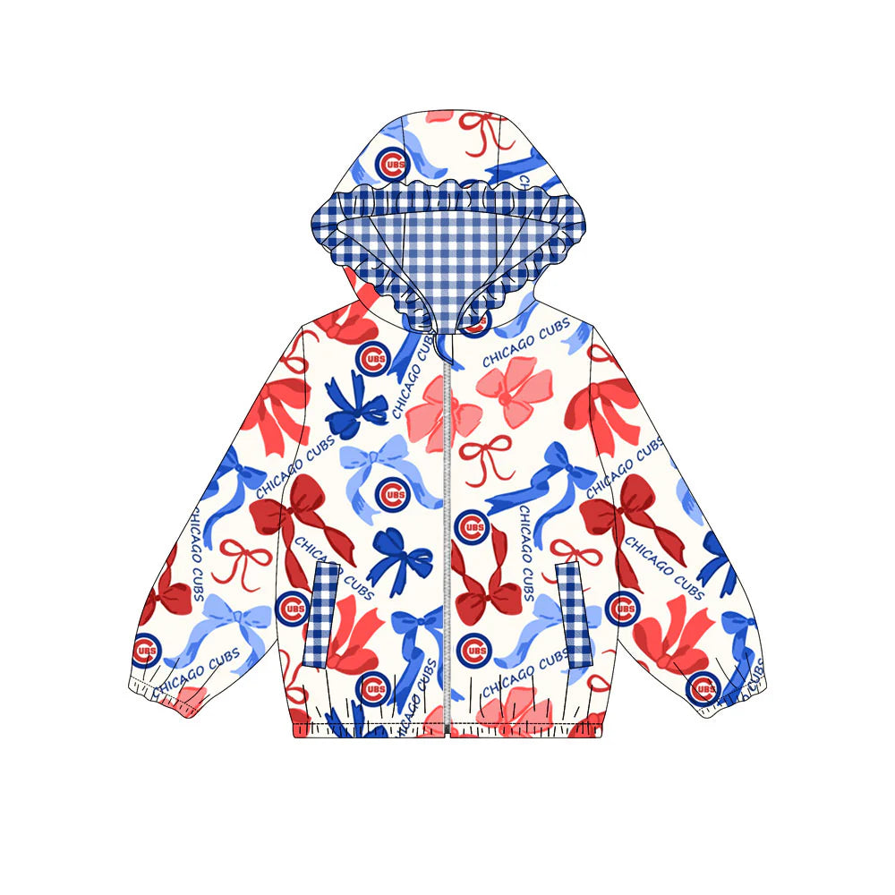 (Custom Design Preorder MOQ 5) Team's CHICAGO CUBS Bows Print Pockets Girls Long Sleeve Zipper Jackets Top