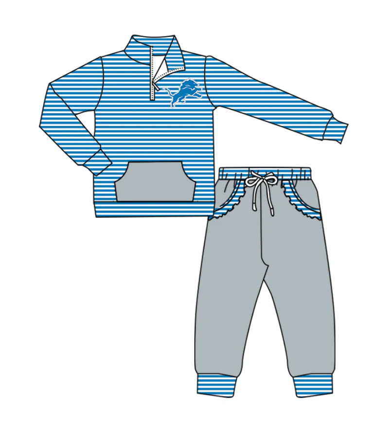 (Custom Design Preorder MOQ 5)  Team's Detroit Lions Stripes Zipper Top Pockets Pants Girls Clothes Set