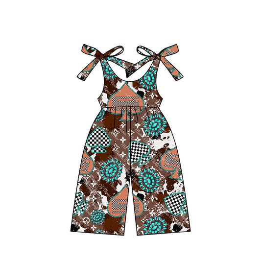 12.25(Custom Design Preorder MOQ 5) Turquoise L*V* Brown Western Print Girls Summer Jumpsuits