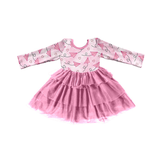 (Custom Design Preorder MOQ 5) Paper Plane Heart Print Girls Valentine's Knee Length Tulle Dress