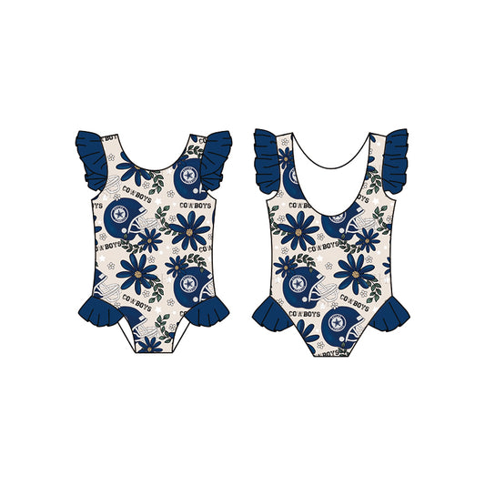 (Custom Design Preorder MOQ 5) Team's Cowboys Flowers Navy Print Girls 1 Piece Swimsuits