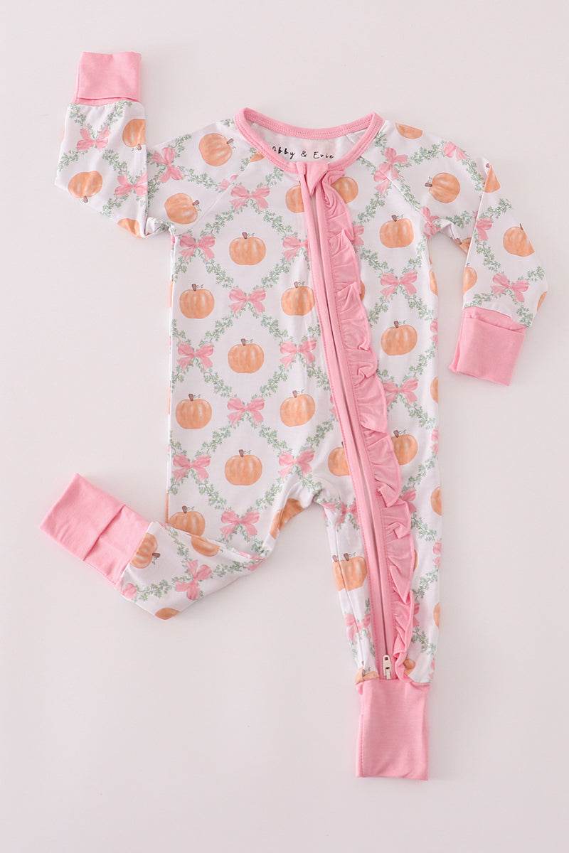 (Custom Design Preorder MOQ 5)  Pumpkin Bows Print Baby Girls Fall Sleeper Zipper Romper