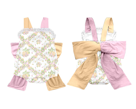 (Custom Design Preorder MOQ 5) Flowers Pumpkin Print Baby Girls Fall Romper Big Bow On the Back