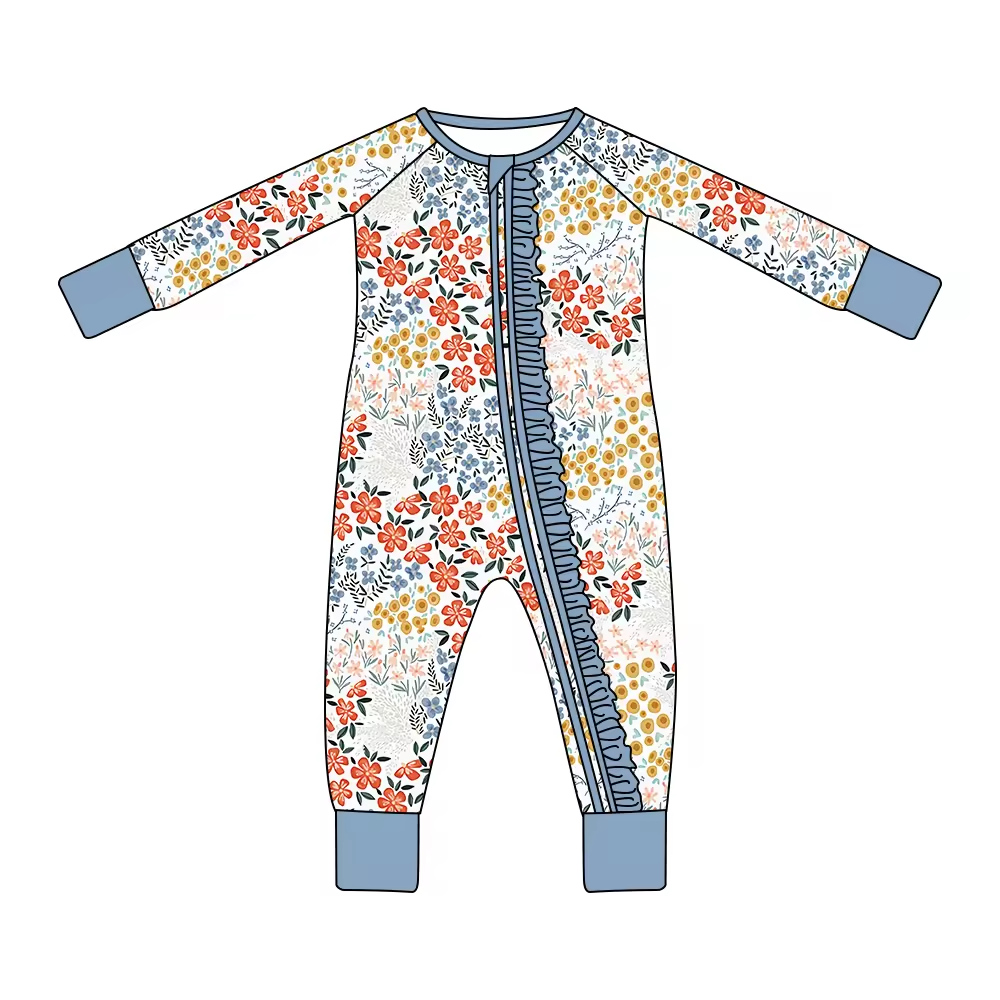 (Custom Design Preorder MOQ 5) Colorful Flowers Print Baby Girls Fall Sleeper Zipper Romper