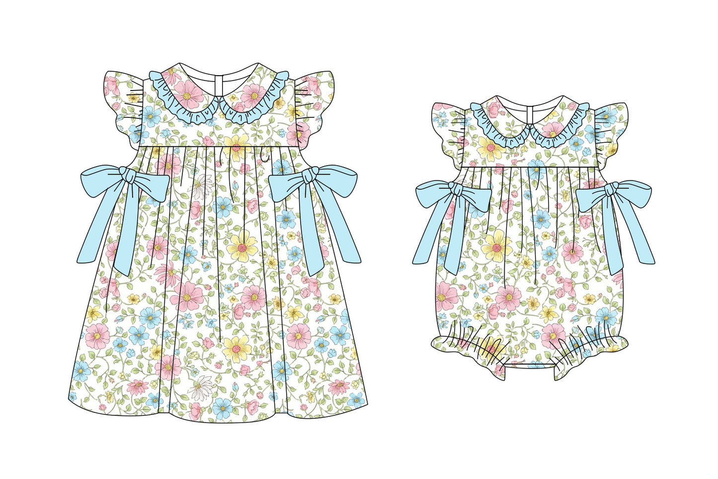 11.6(Custom Design Preorder MOQ 5 Each Design) Colorful Flowers Print Girls Summer Matching Clothes Sisters Wear