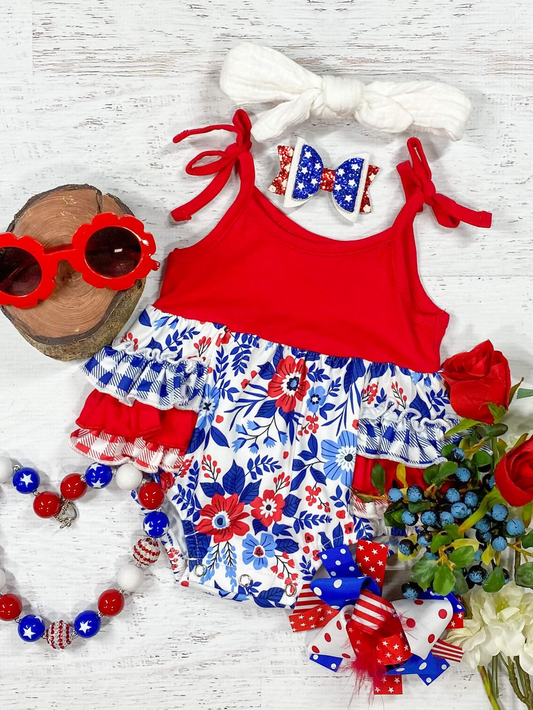 (Custom Design Preorder MOQ 5) Flowers Print Baby Girls 4th of July Romper