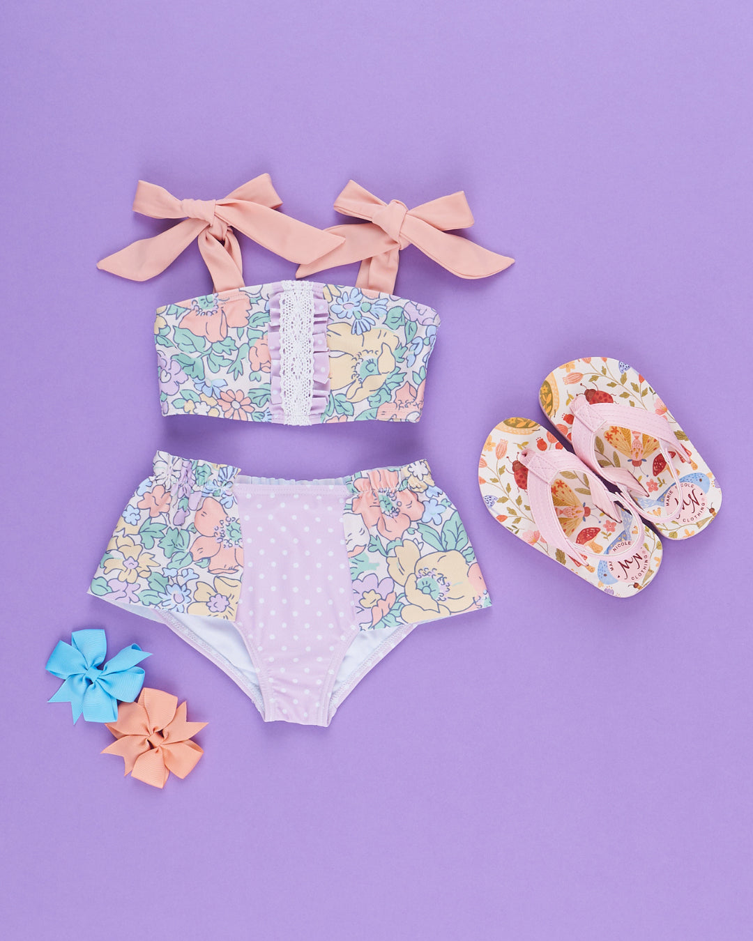 (Custom Design Preorder MOQ 5)  Flowers Strap Top Shorts Girls 2 Pieces Swimsuits