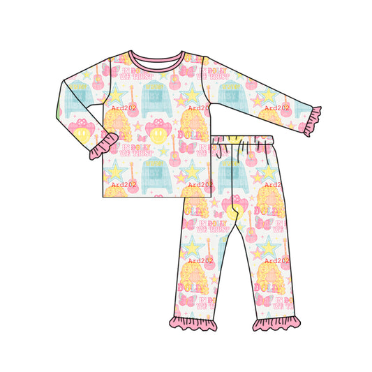 (Custom Design Preorder MOQ 5) Dolly Guitar Pink Print Girls Fall Western Pajamas Clothes Set