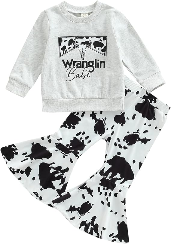 (Custom Design MOQ 5) Black Cow Print Girls Bell Pants Western Clothes Set