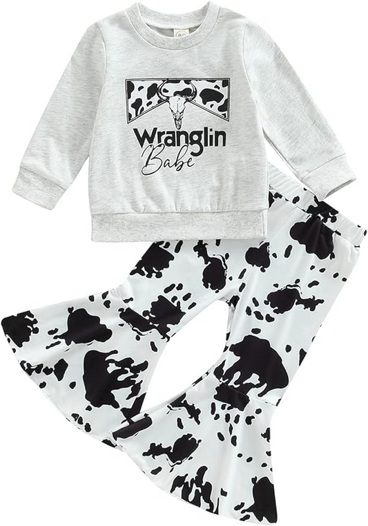 (Custom Design MOQ 5) Black Cow Print Girls Bell Pants Western Clothes Set