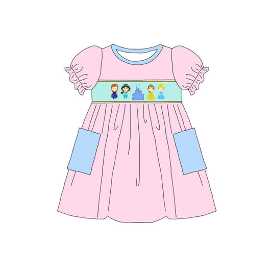 (Custom Design Preorder MOQ 5) Cartoon Princess Pink Print Girls Knee Length Dress