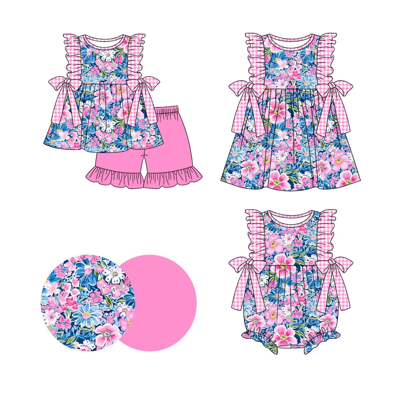 1.4(Custom Design Preorder MOQ 5 Each Design) Pink Flowers Plaid Print Girls Summer Matching Clothes Sisters Wear