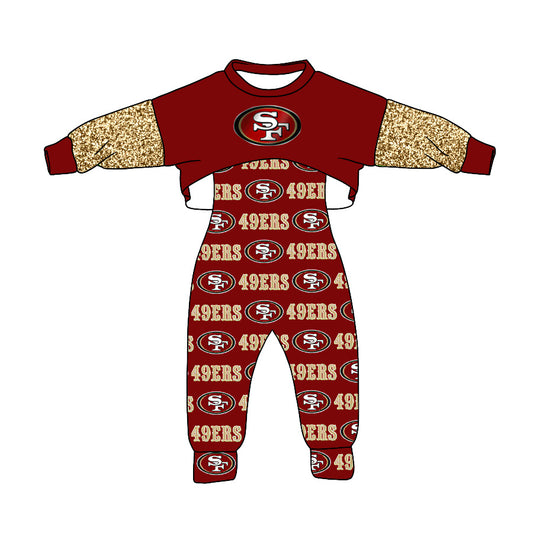 (Custom Design Preorder MOQ 5) Wine SF Football Team's Girls Jumpsuits Clothes Set