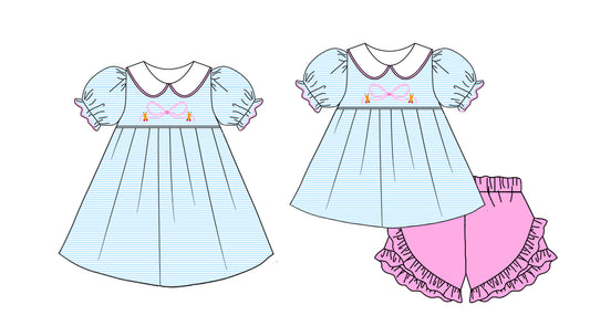 1.6(Custom Design Preorder MOQ 5 Each Design)  Bows Pen Stripes Print Girls Back to School Matching Clothes Sisters Wear