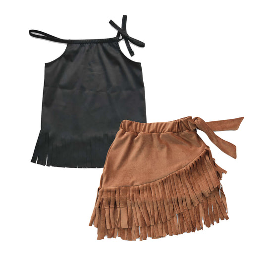 GSD0392 Girls black cotton tassel top thick fabric brown tassel ruffle skirts summer outfits