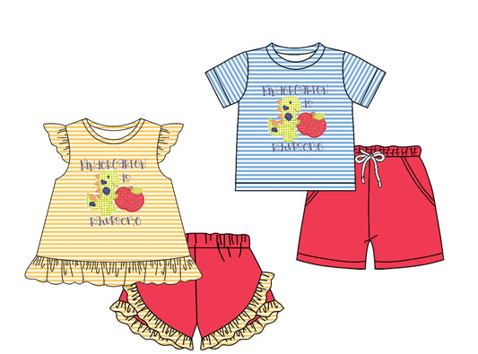 2.7(Custom Design Preorder MOQ 5 Each Design) Dino Apple Stripes Print Kids Back to School Matching Clothes Sibling Wear
