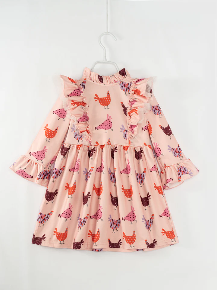 (Custom Design Preorder MOQ 5) Chicken Print Girls Knee Length Fall Dress