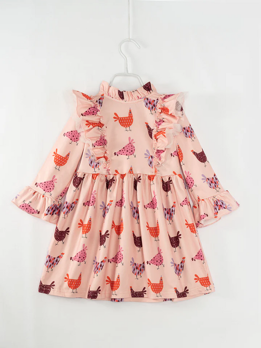 (Custom Design Preorder MOQ 5) Chicken Print Girls Knee Length Fall Dress