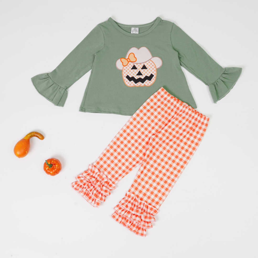 (Custom Design Preorder MOQ 5) Cowboy Pumpkin Top Plaid Pants Girls Halloween Clothes Set