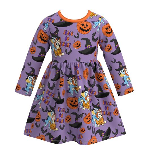(Custom Design Preorder MOQ 5) Cartoon Dog Pumpkin Hat Print Girls Knee Length Halloween Dress