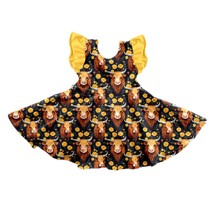 (Custom Design MOQ 5) Highland Cow Sunflowers Print Girls Knee Length Dress