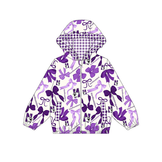 (Custom Design Preorder MOQ 5) Team's NORTHWESTEM Bows Print Pockets Girls Long Sleeve Zipper Jackets Top