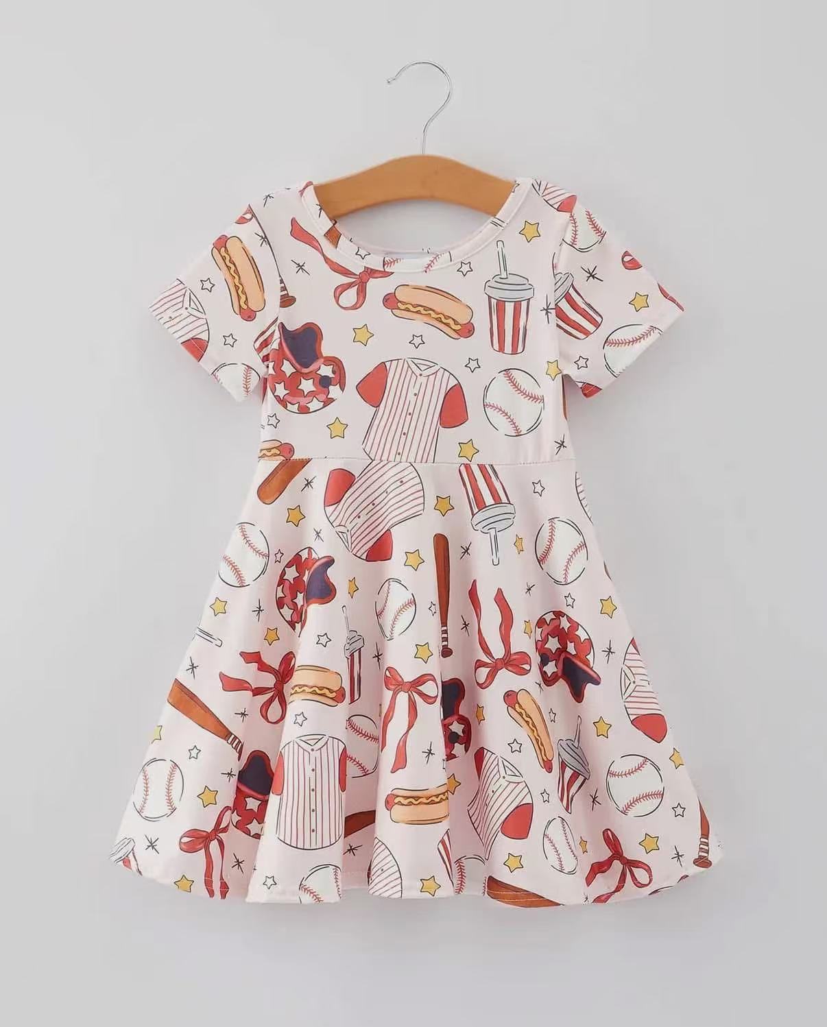 (Custom Design Preorder MOQ 5) Baseball Print Girls Summer Knee Length Dress