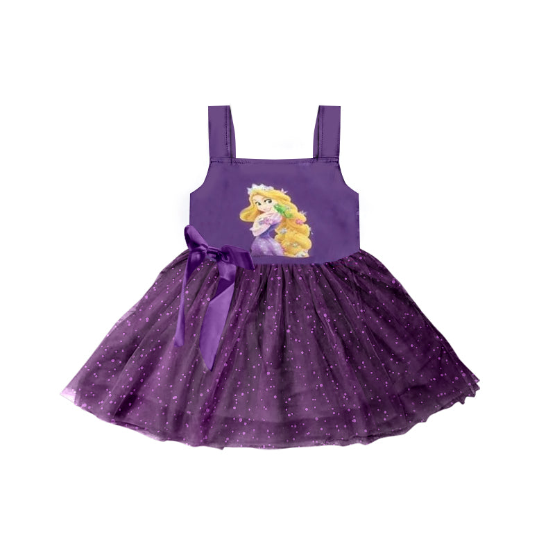 (Custom Design Preorder MOQ 5) Cartoon Princess Purple Print Girls Knee Length Summer Tulle Dress