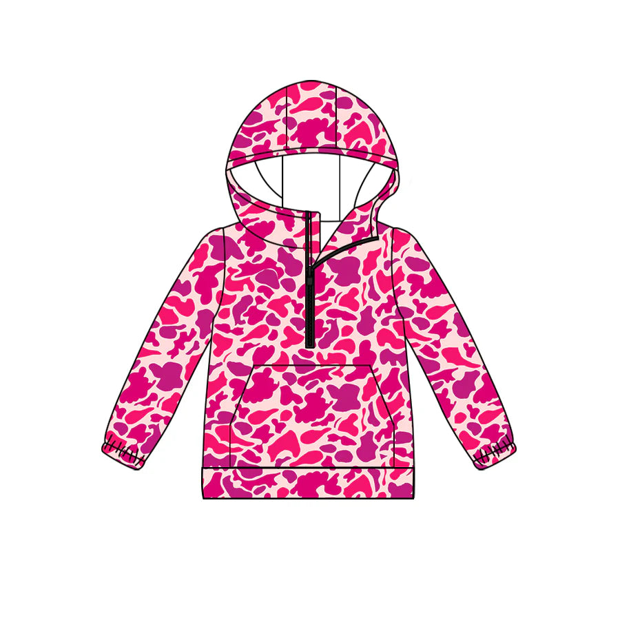 (Custom Design Preorder MOQ 5)  Hotpink Camo Print Adult Hoodie Zipper Pocket Top
