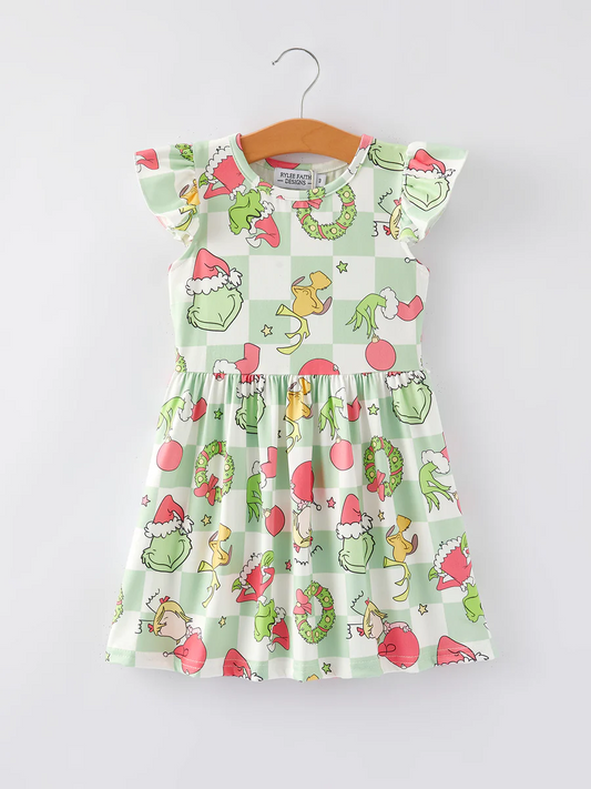 (Custom Design Preorder MOQ 5) Green Frog Plaid Print Girls Christmas Knee Length Dress