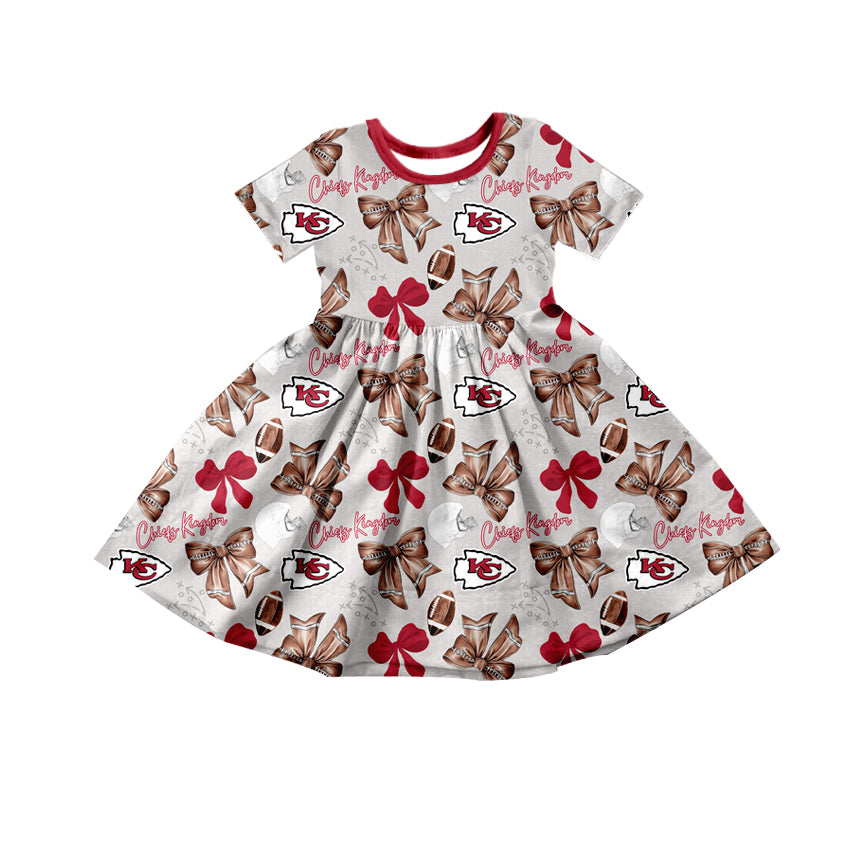 (Custom Design Preorder MOQ 5) Team's Chiefs Bows Print Girls Short Sleeve Knee Length Dress