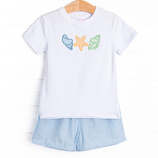 (Custom Design Preorder MOQ 5)  Shell Top Stripes Shorts Boys Summer Clothes Set