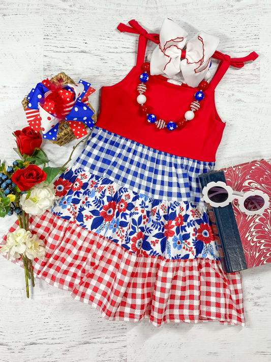 (Custom Design Preorder MOQ 5) Flowers Print Girls 4th of July Knee Length Dress