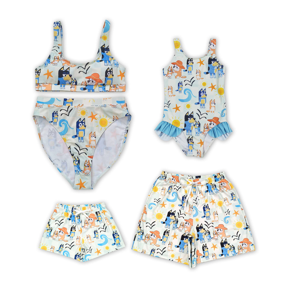 Cartoon Dog Sandbeach Print Family Matching Swimsuits