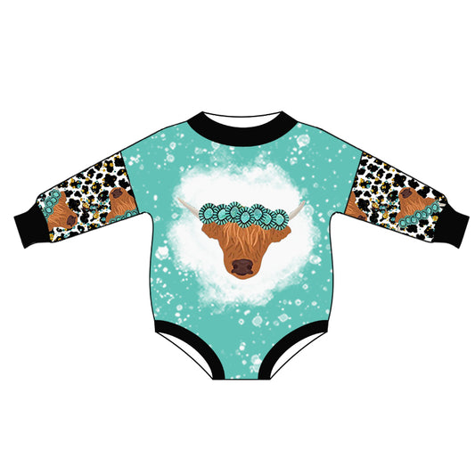 (Custom Design Preorder MOQ 5) Highland Cow Turquoise Leopard Print Baby Girls Western Romper