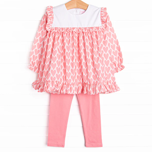 (Custom Design Preorder MOQ 5) Heart Tunic Top Pink Pants Girls Valentine's Day Clothes Set