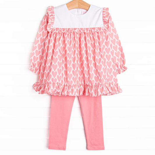 (Custom Design Preorder MOQ 5) Heart Tunic Top Pink Pants Girls Valentine's Day Clothes Set
