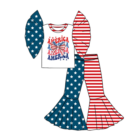 2.24(Custom Design Preorder MOQ 5) America Bow Top Stars Stripes Bell Pants Girls 4th of July Clothes Set