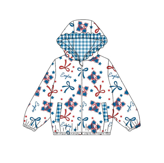 (Custom Design Preorder MOQ 5) Team's EAGLES Bows Print Pockets Girls Long Sleeve Zipper Jackets Top
