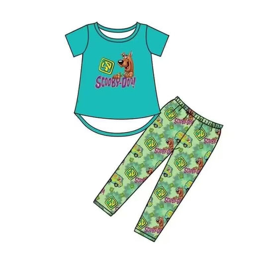 (Custom Design Preorder MOQ 5) Cartoon SD Dog Green Print Girls Clothes Set