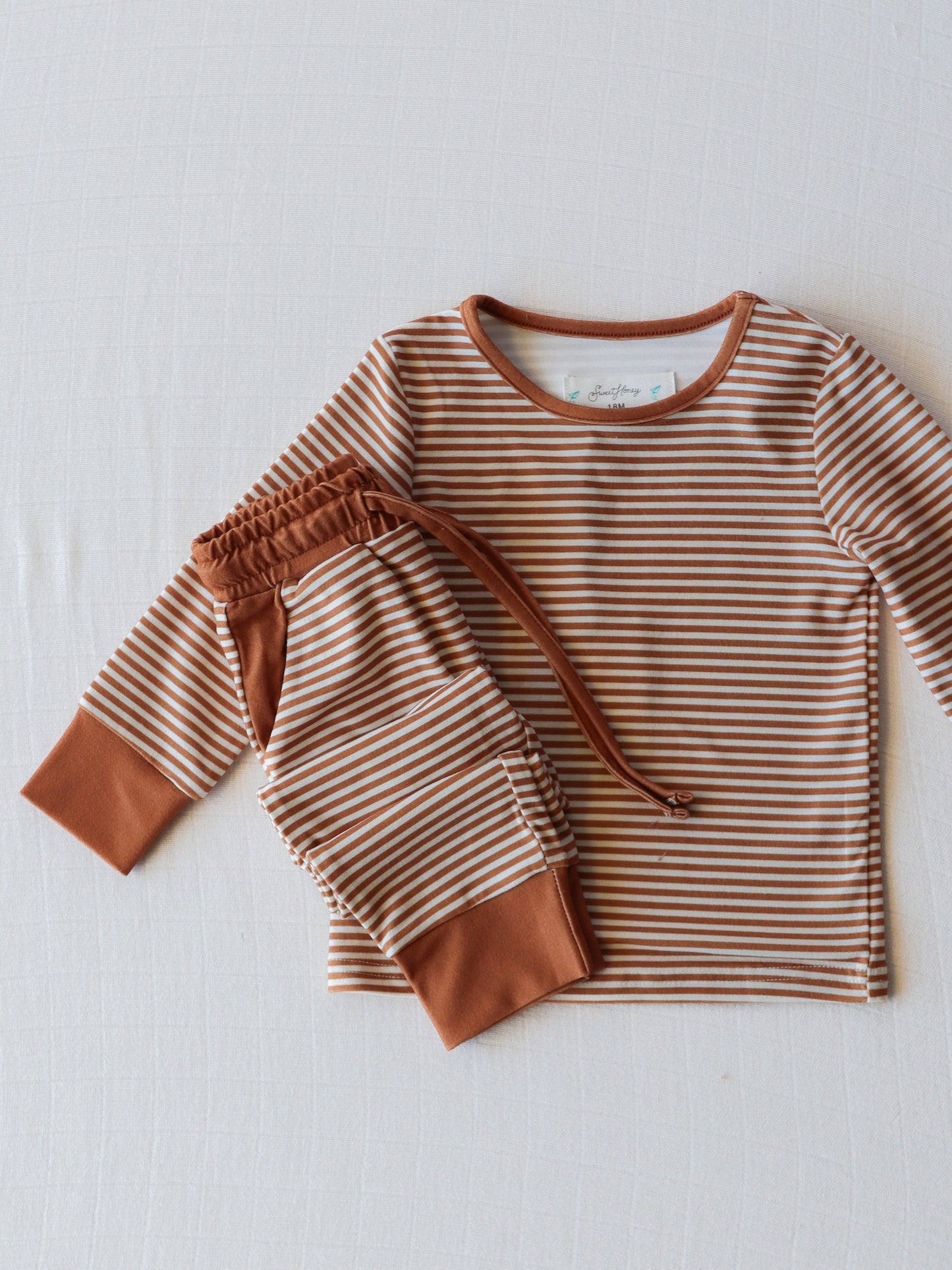 (Custom Design Preorder MOQ 5)  Brown Stripes Print Boys Fall Pajamas Bamboo Clothes Set