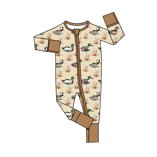 (Custom Design Preorder MOQ 5) Brown Duck Print Baby Boys Fall Sleeper Zipper Romper