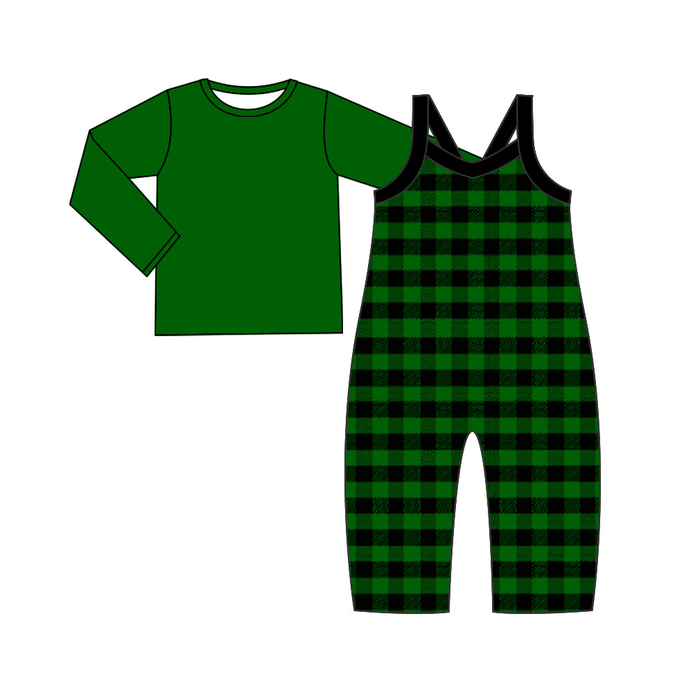 (Custom Design Preorder MOQ 5) Green Top Black Plaid Jumpsuit Girls Christmas Clothes Set