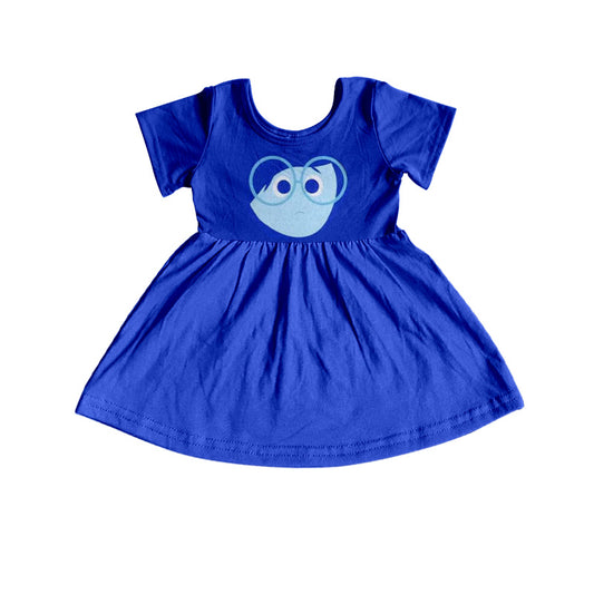 (Custom Design Preorder MOQ 5) Cartoon Figure Inside Out Blue Print Girls Knee Length Dress