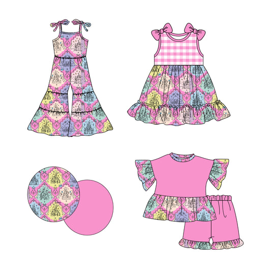 3.5(Custom Design Preorder MOQ 5 Each Design) Castle Pink Print Girls Summer Matching Clothes Sisters Wear