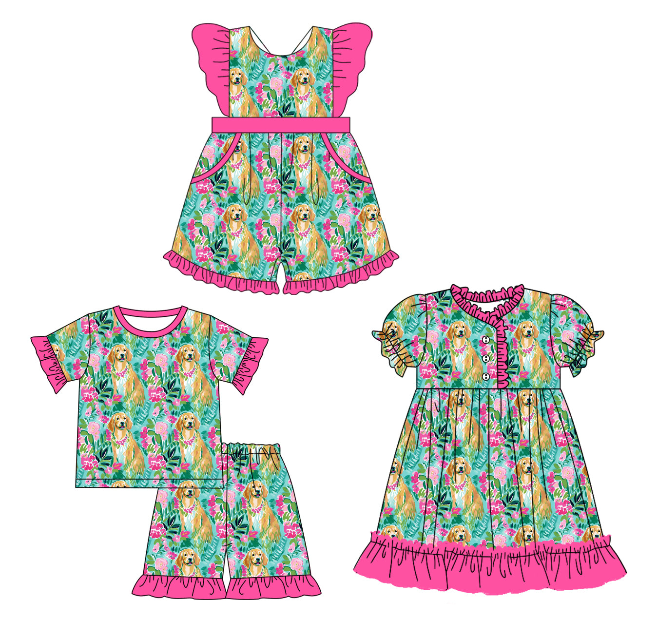 12.9(Custom Design Preorder MOQ 5 Each Design) Dog Flowers Print Girls Summer Matching Clothes Sisters Wear