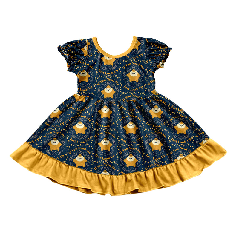 (Custom Design Preorder MOQ 5) Short Sleeve Wish Star Print Girls Knee Length Summer Dress