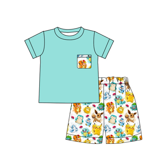 (Custom Design Preorder MOQ 5)  Aqua Pocket Top Cartoon Animals Shorts Boys Summer Clothes Set